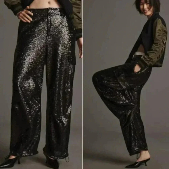 NWT Anthropologie Black Sequin Cargo Pull on Trouser Party Event Pants Size 16 - Picture 2 of 11